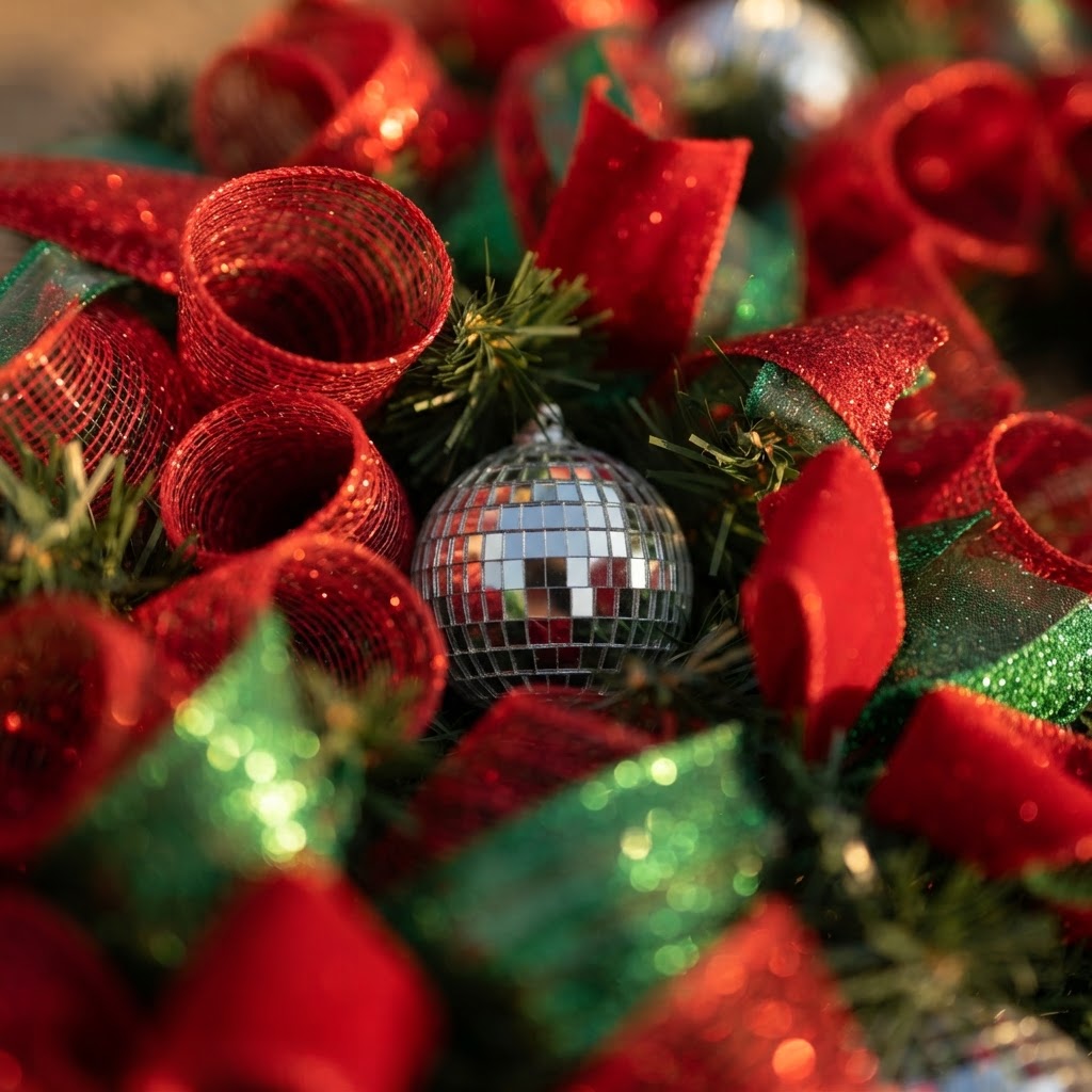 Close-up of silver disco ball ornament and red green Christmas ribbon
