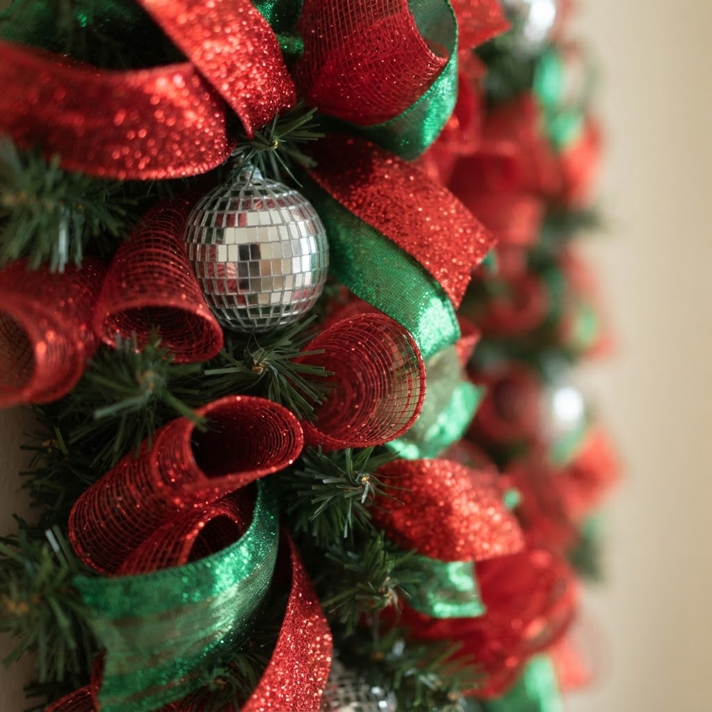 Detail of mirrored disco ball ornament surrounded by sparkling Christmas ribbon