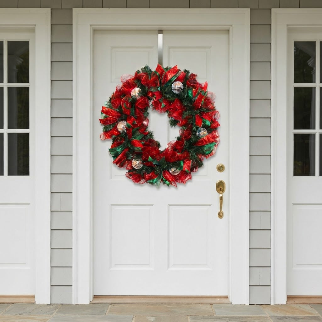 Christmas disco ball wreath displayed on a white front door