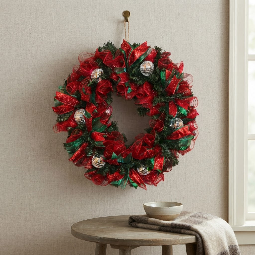 Red and green holiday wreath with silver disco balls displayed indoors