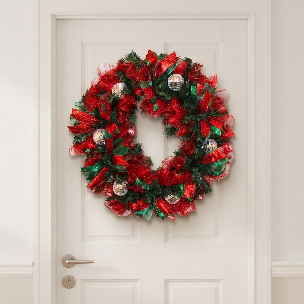 Red and green Christmas wreath displayed on white exterior front door