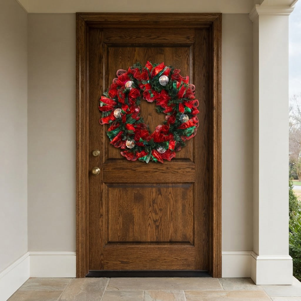 Christmas wreath with red green ribbon and disco balls on dark wood front door