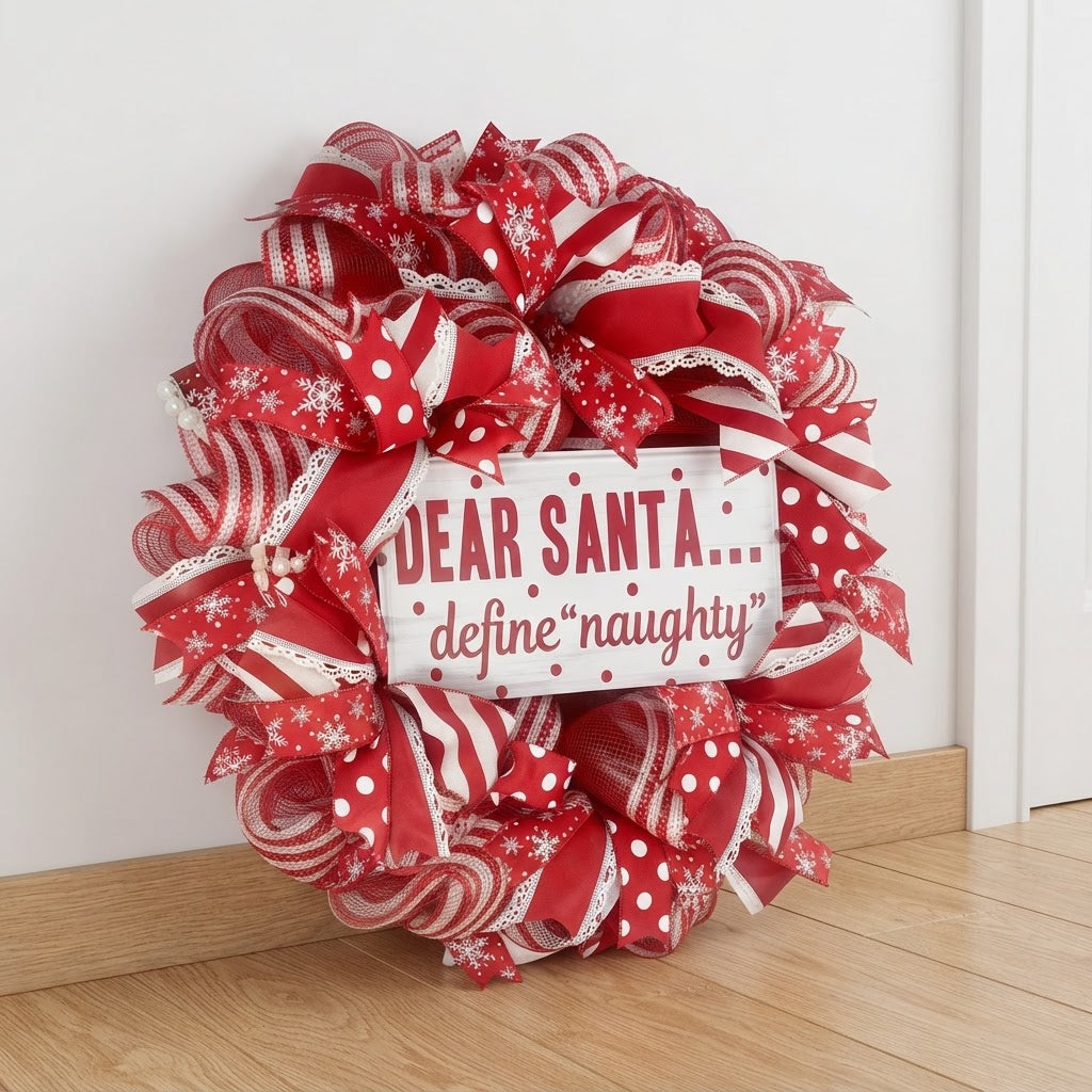 Handmade red and white deco mesh Christmas wreath with layered wired ribbon