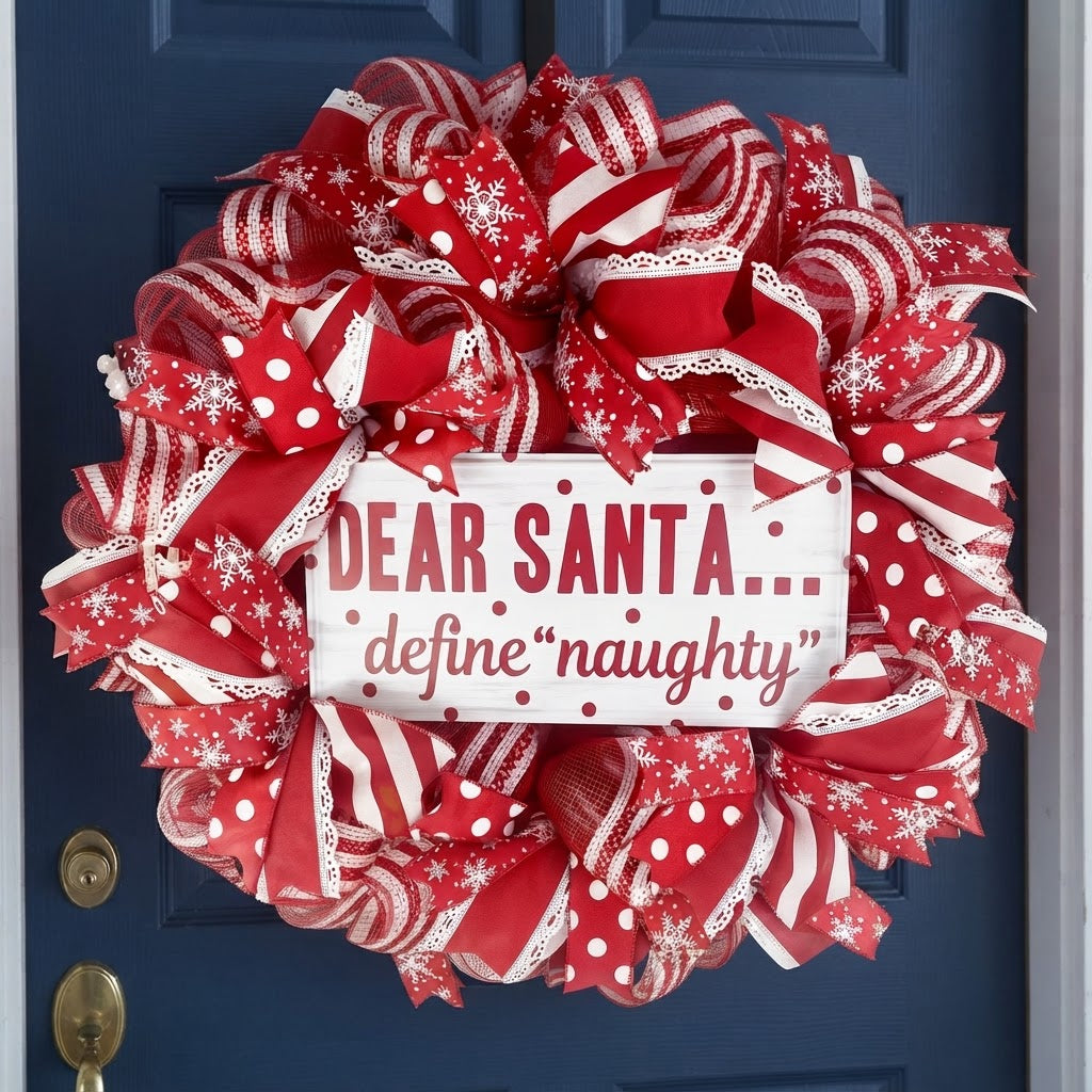 Red and white Christmas wreath displayed on dark blue front door