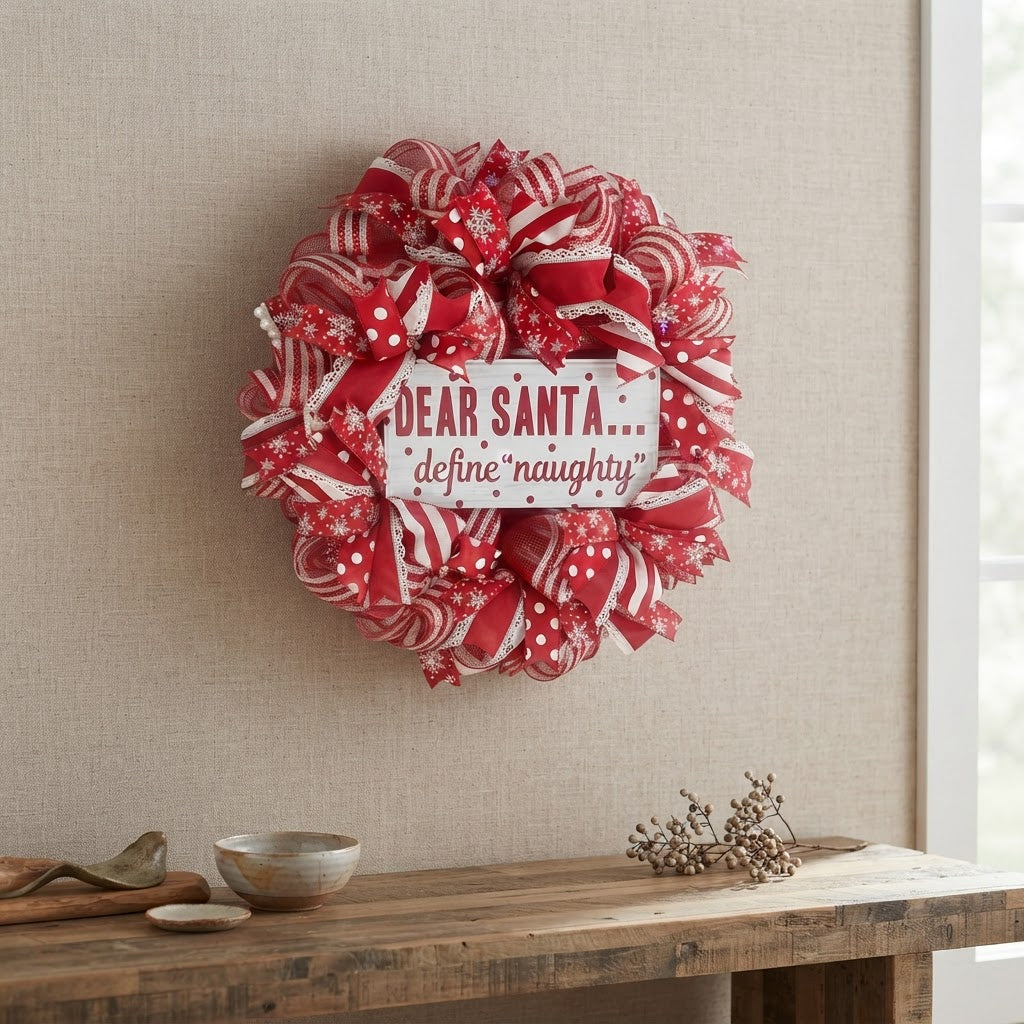 Whimsical red and white Christmas wreath displayed indoors