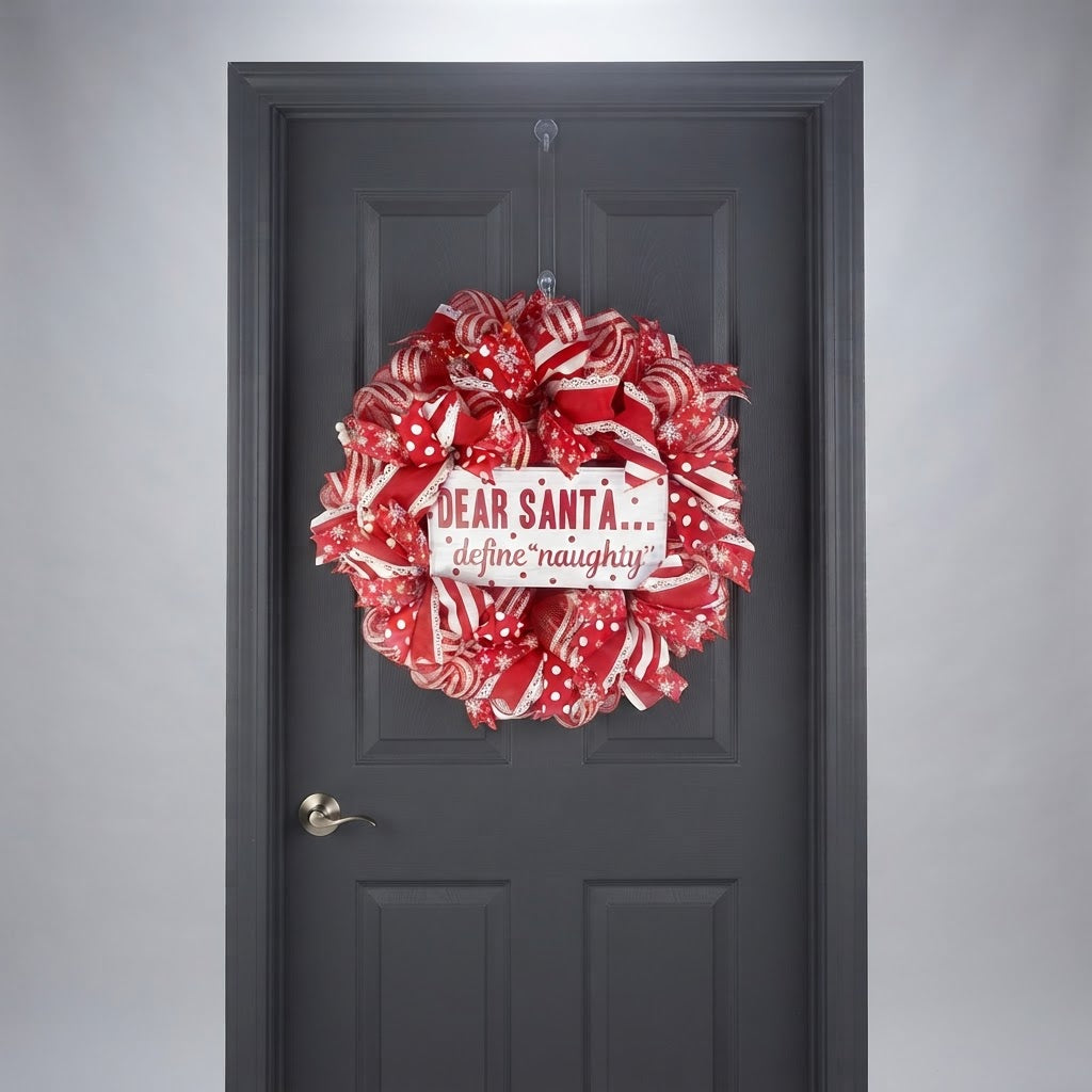Red and white Christmas door wreath displayed on black interior door