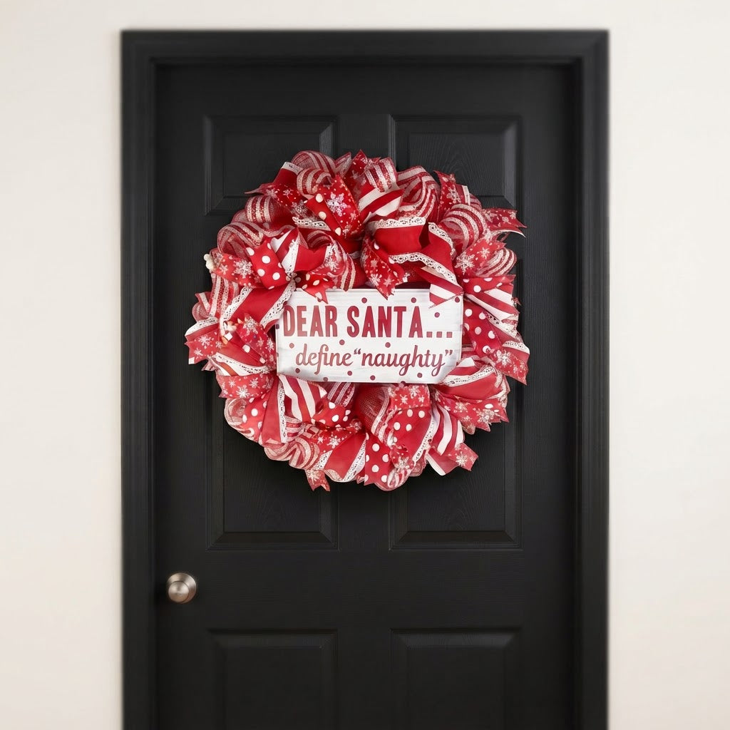 Red and white holiday wreath displayed on black front door