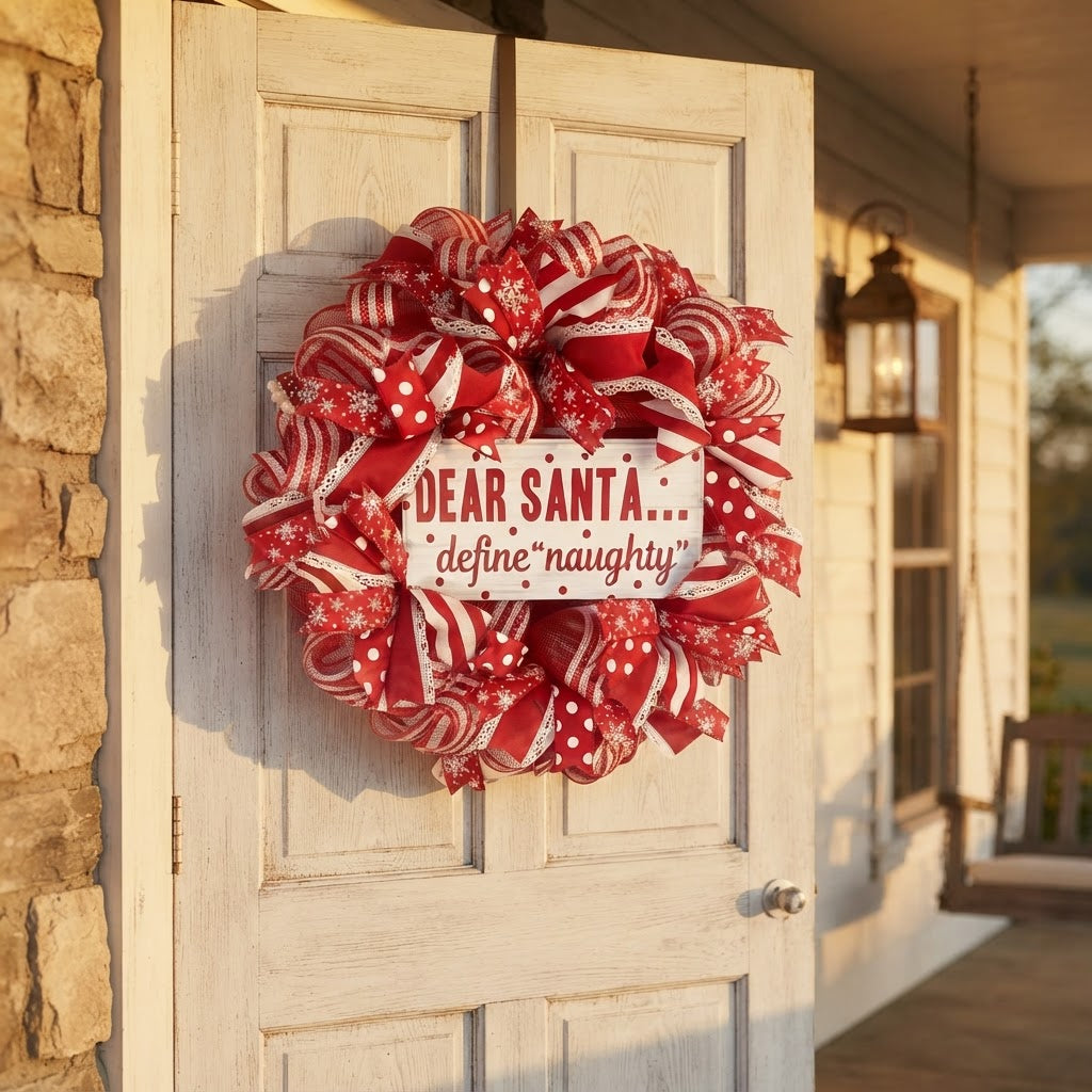 Handmade Christmas wreath displayed on rustic light-colored door