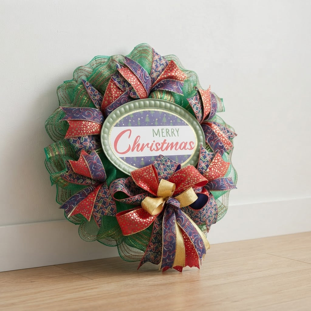 Merry Christmas jewel-tone wreath displayed indoors