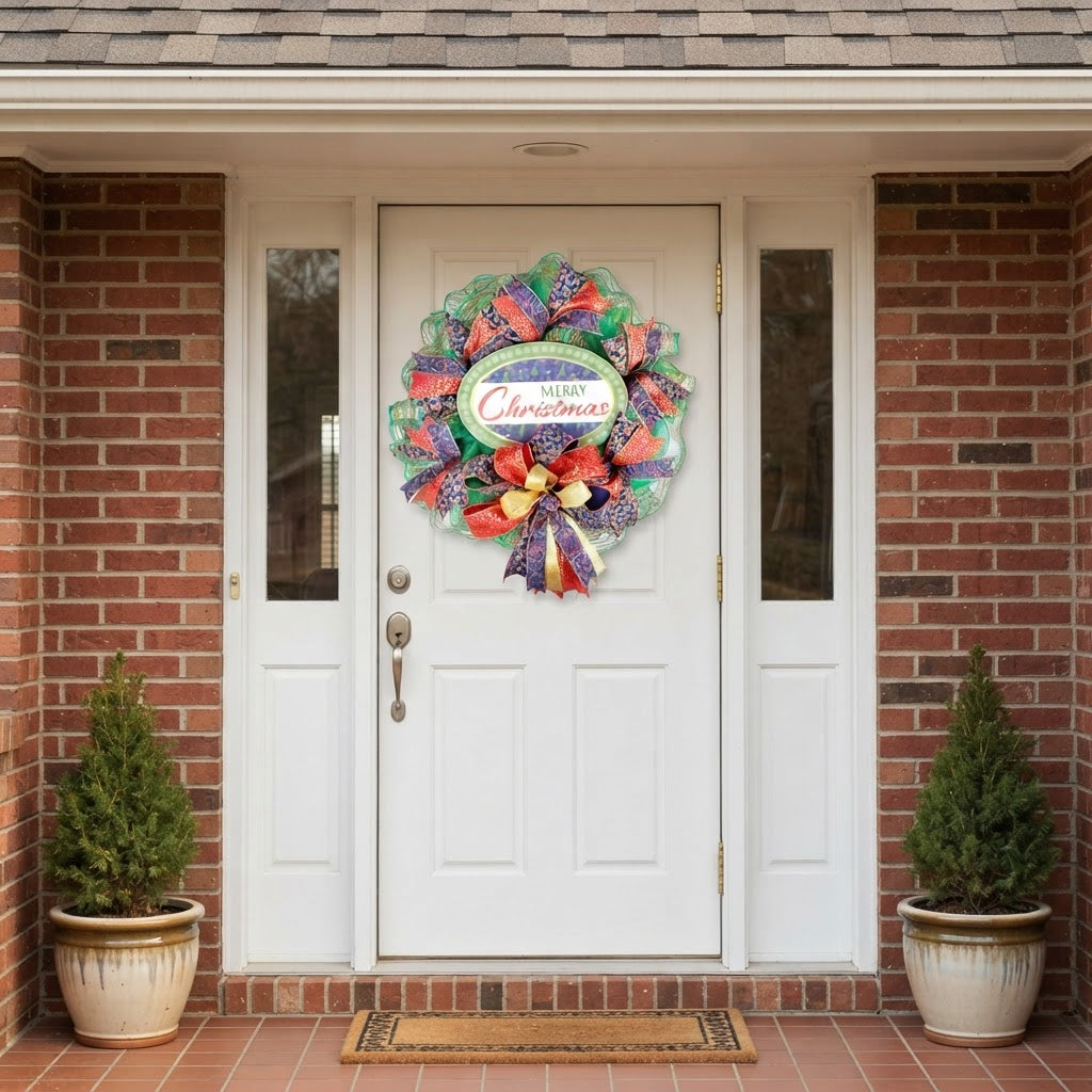 Colorful Merry Christmas wreath displayed on white front door