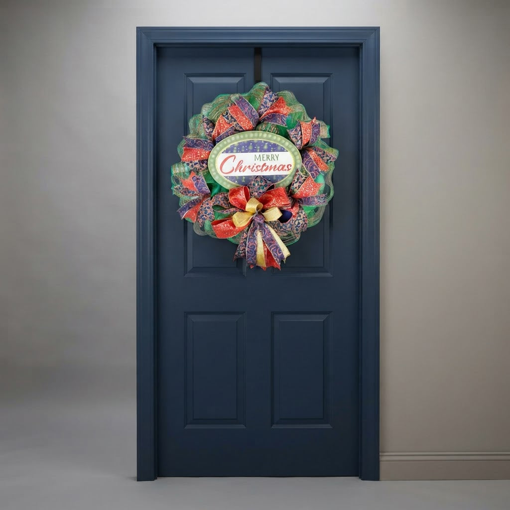 Merry Christmas wreath displayed on dark blue door