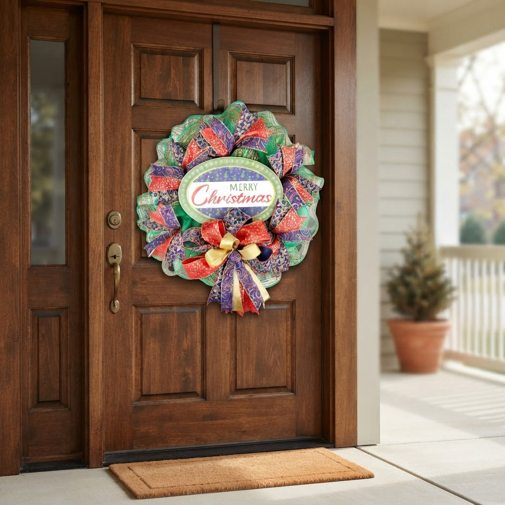 Colorful handmade Christmas wreath displayed on wood front door