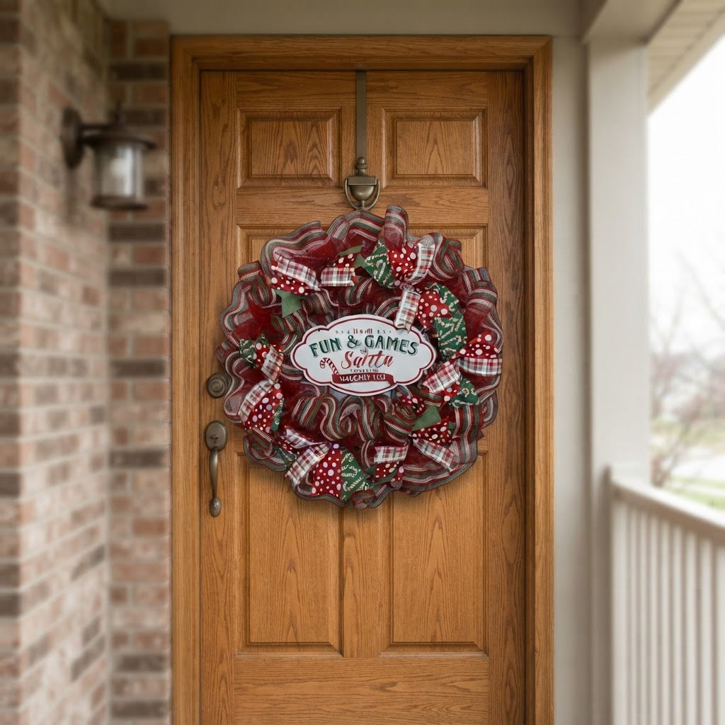 Red and green Christmas wreath displayed on wood front door