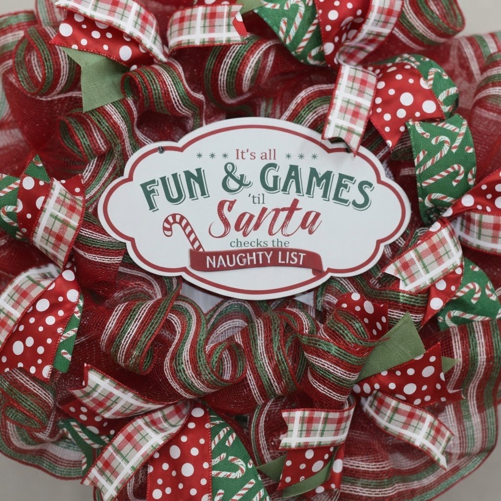 Close-up of festive red green plaid and candy cane Christmas ribbon