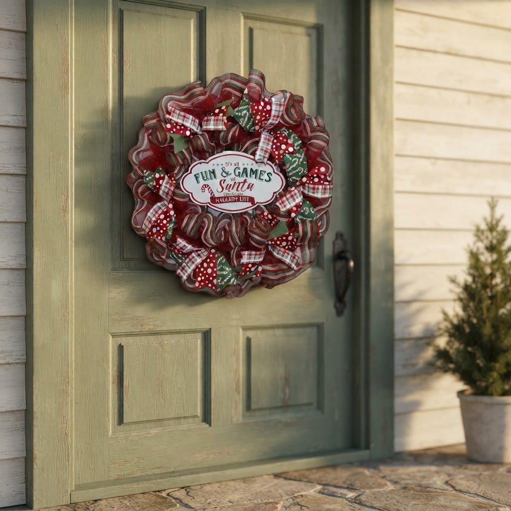 Red and green Christmas door wreath displayed on green front door