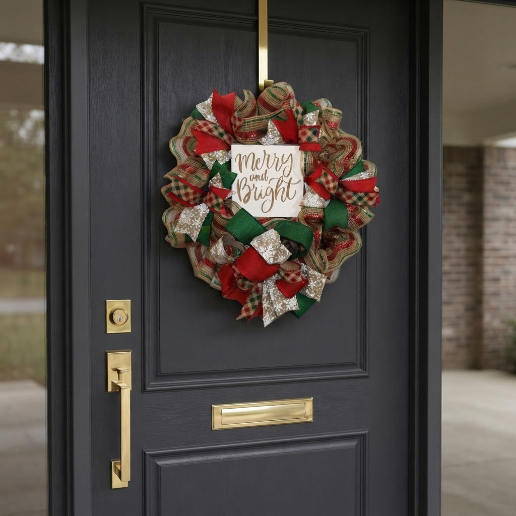 Red and green Merry and Bright Christmas wreath displayed on dark front door
