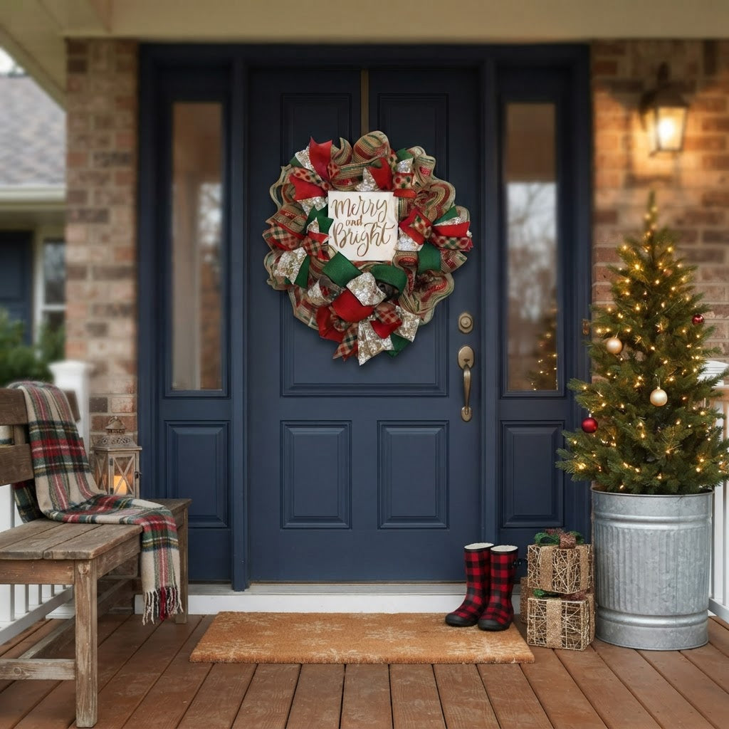 Handmade red and green Christmas wreath displayed on front door
