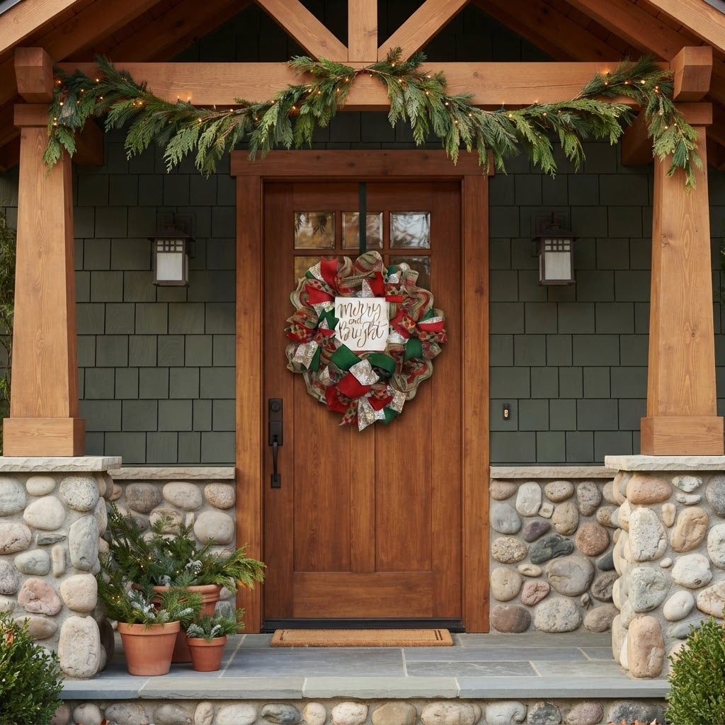 Merry and Bright Christmas wreath displayed on decorated holiday front porch