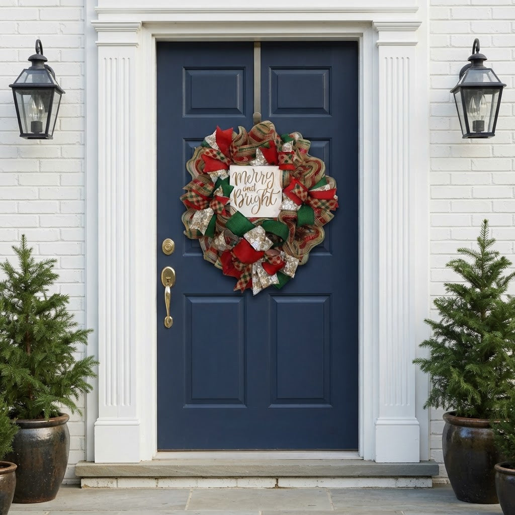 Merry and Bright Christmas wreath displayed on navy blue front door