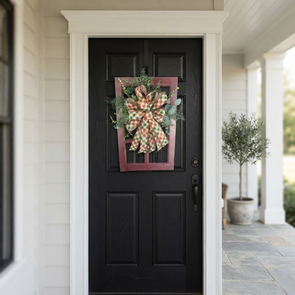 Christmas window frame door hanger displayed on a black front door with plaid bow and evergreen accents.
