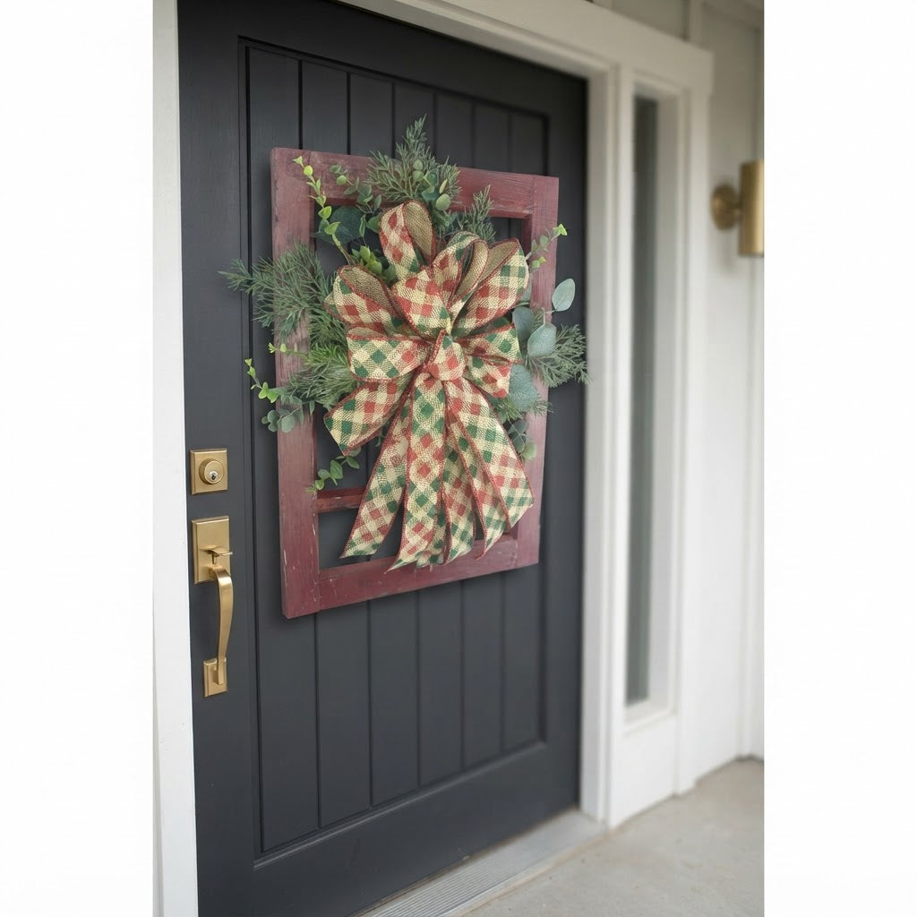 Angled view of handmade Christmas window frame door hanger with rustic red frame and layered holiday greenery.