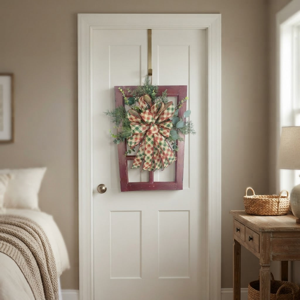 Rustic Christmas window frame door hanger used as indoor holiday decor on a white interior door.