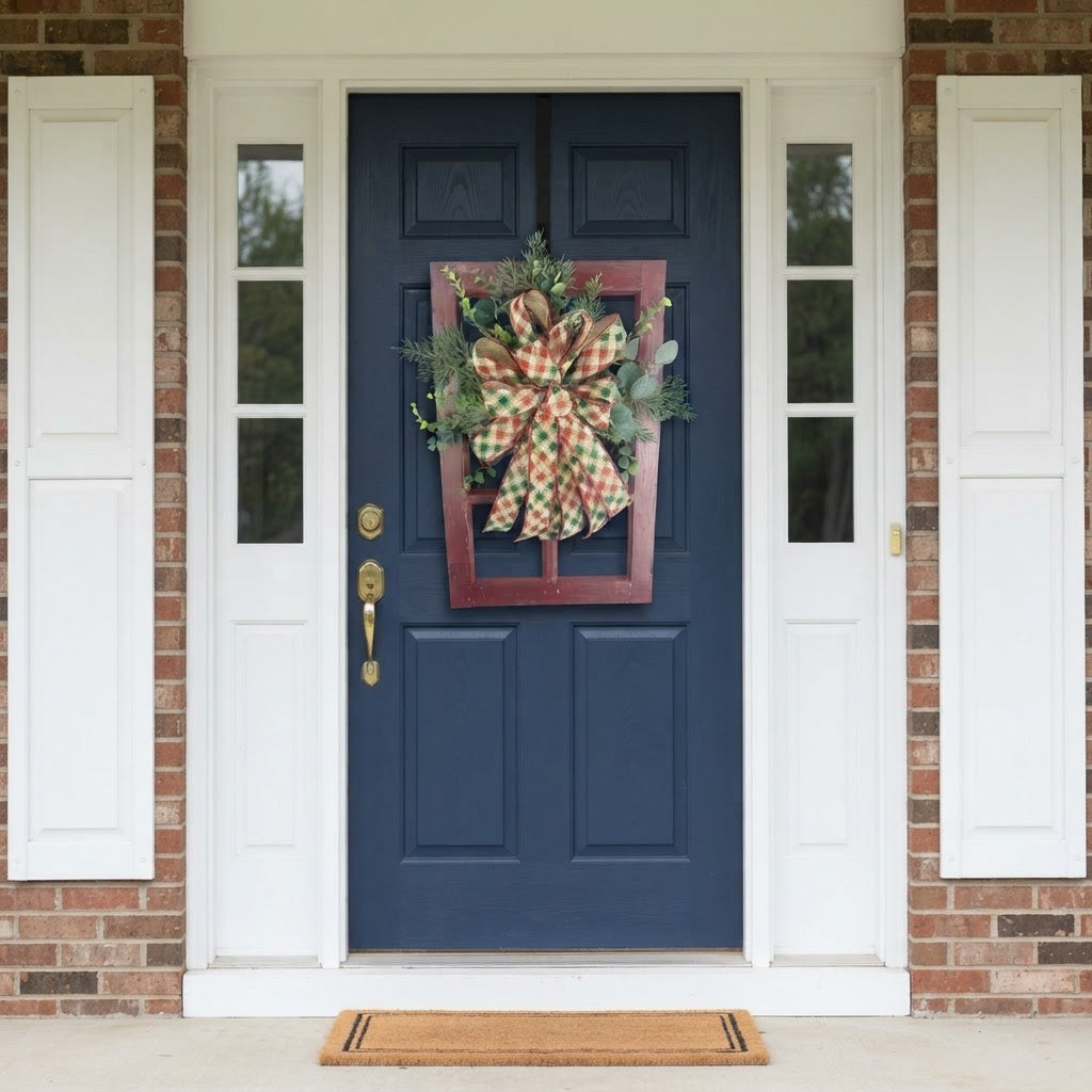 Handmade Christmas door hanger with red and green plaid bow displayed on a navy blue front door.