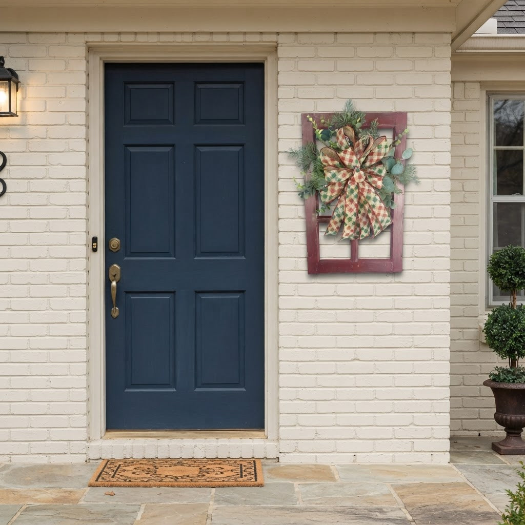 Christmas window frame door decor displayed beside a front door on a painted brick exterior.