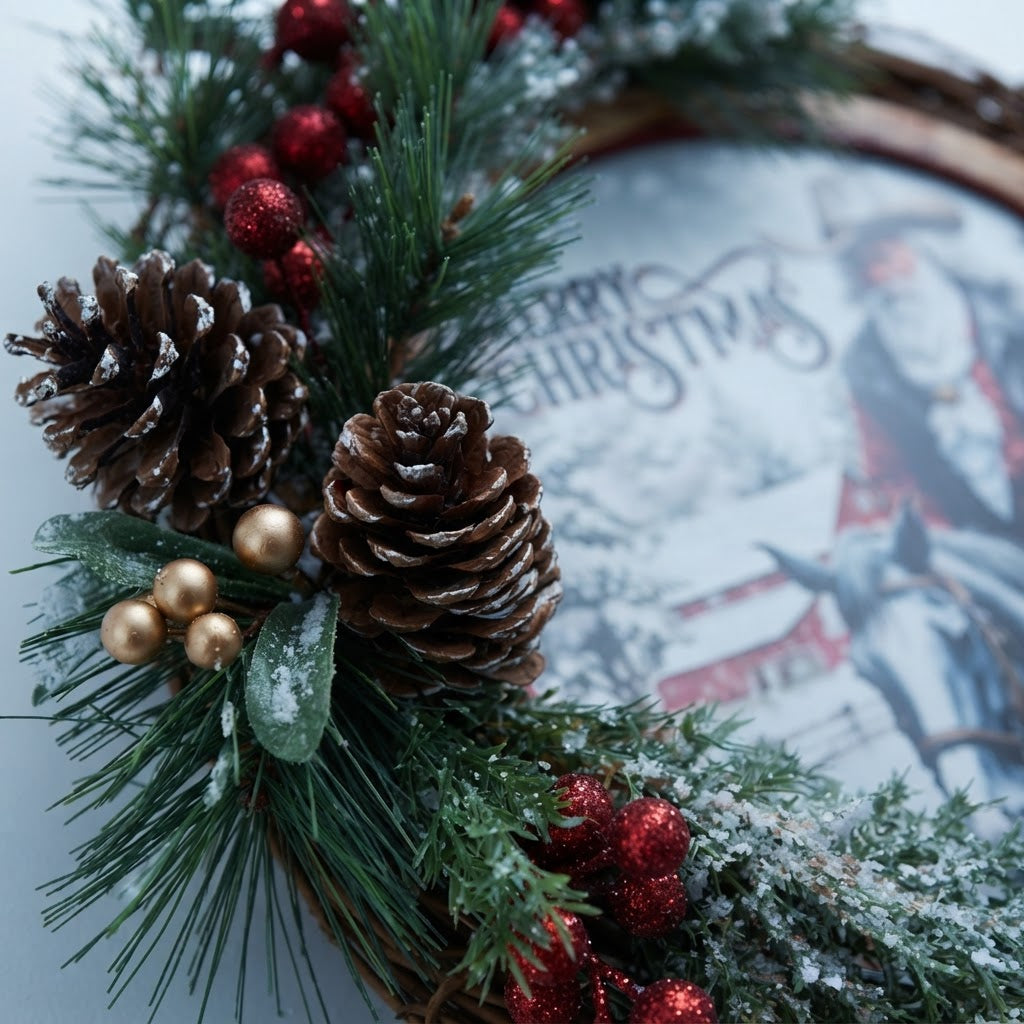 Close-up of pinecones evergreen foliage and berries on rustic Christmas wreath