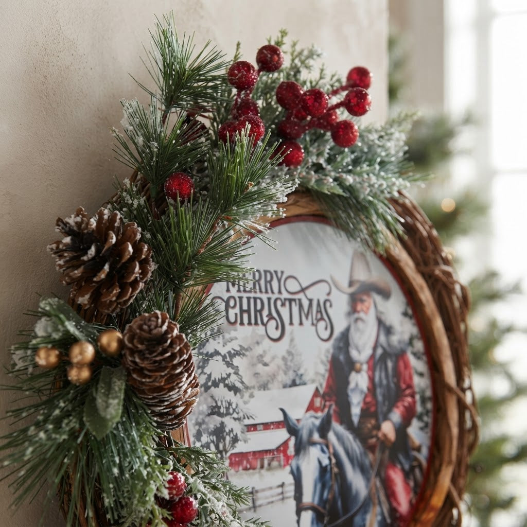 Close-up of pinecones evergreen foliage and berries on rustic Christmas wreath