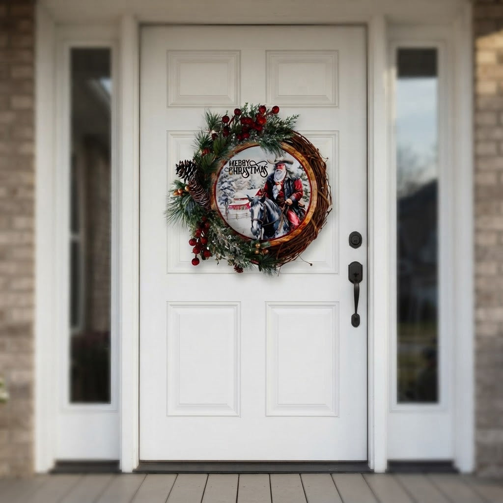 Western Christmas grapevine wreath displayed on white front door