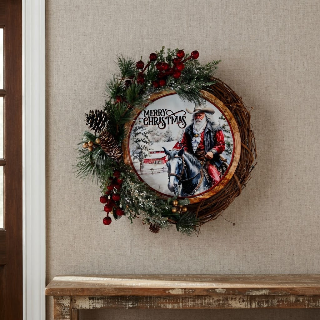 Western Christmas grapevine wreath displayed against neutral wall