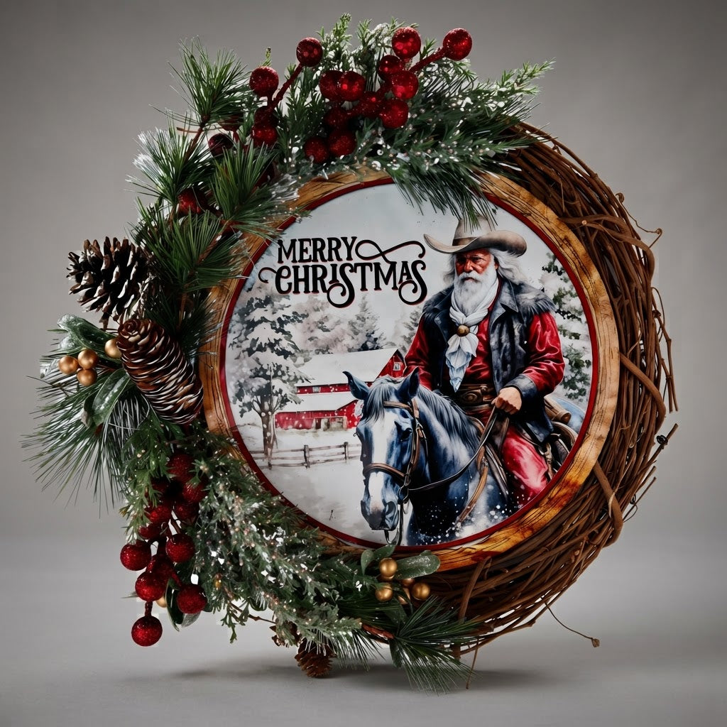 Western Christmas wreath with rustic grapevine and evergreen accents