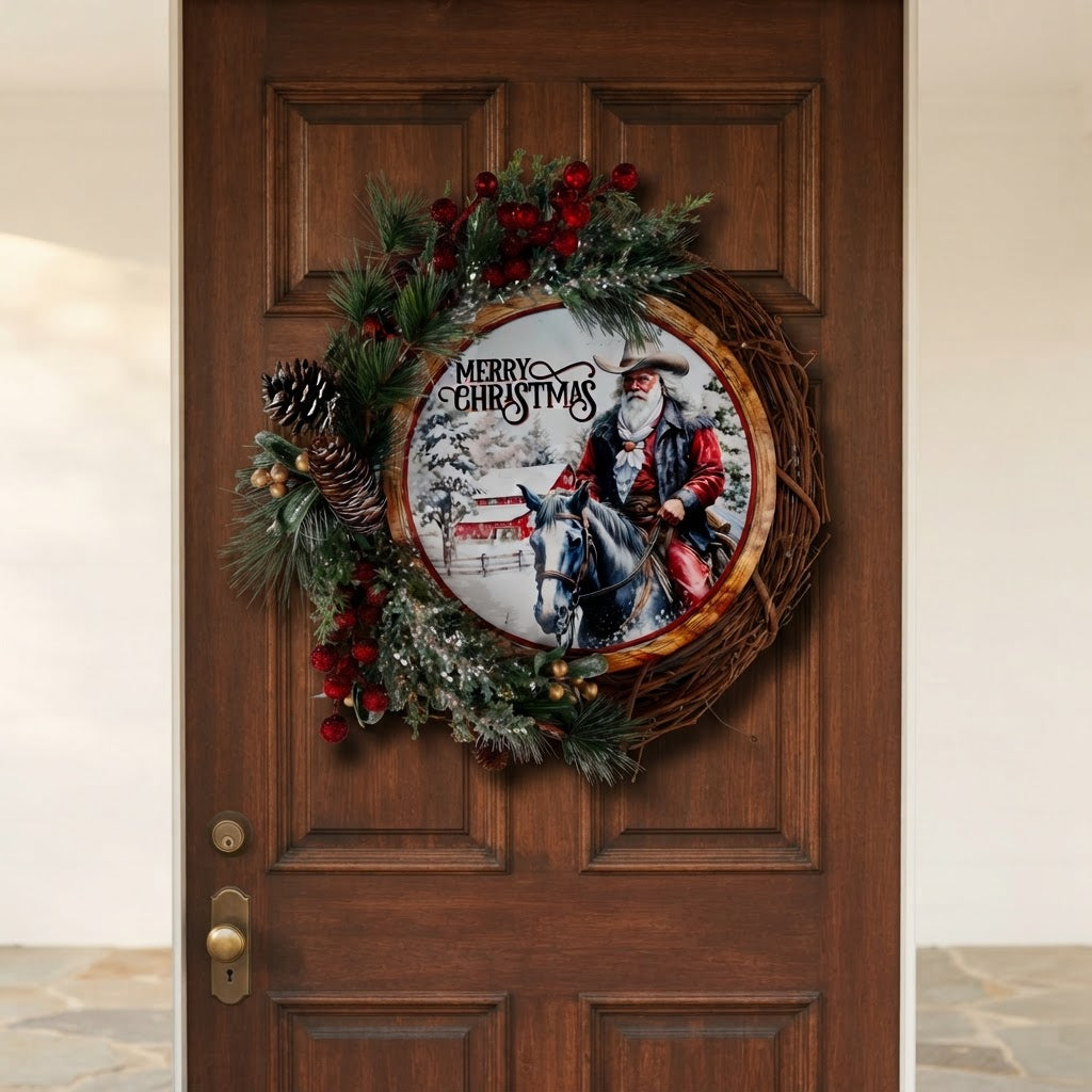 Rustic western Christmas wreath displayed on brown front door