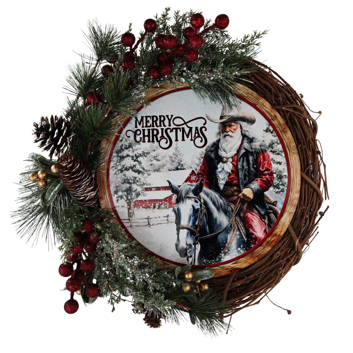 Western Christmas grapevine wreath with cowboy holiday scene and red berries