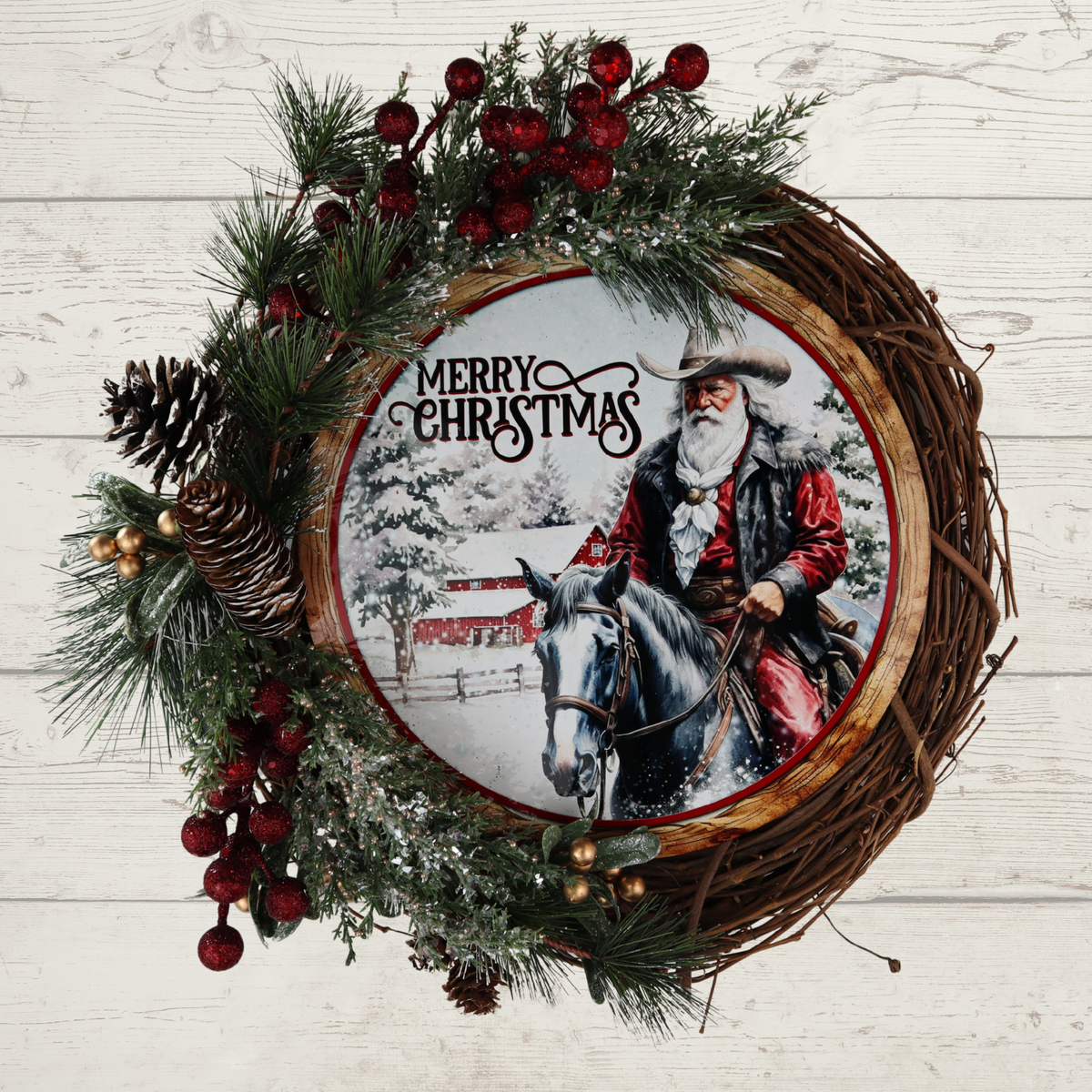 Rustic Christmas grapevine wreath with evergreen foliage pinecones and red berries
