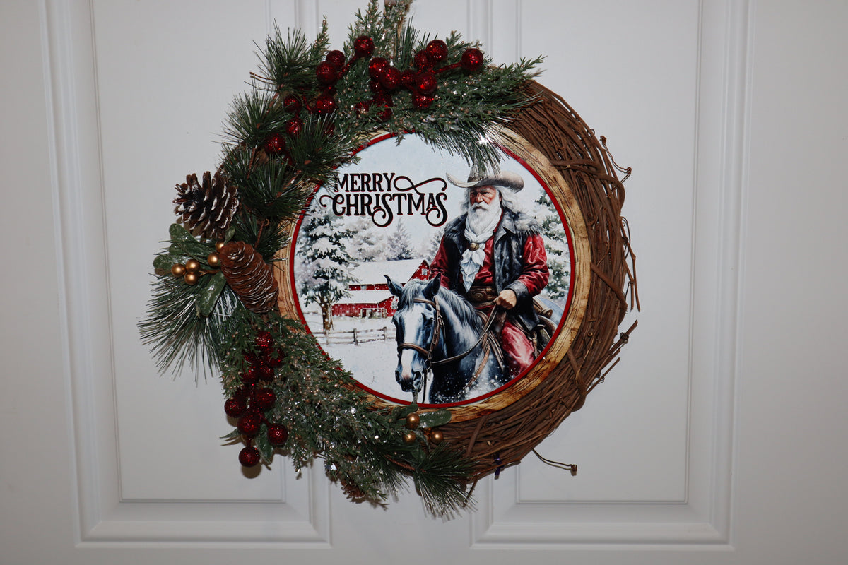 Handmade western Christmas grapevine wreath displayed on white door