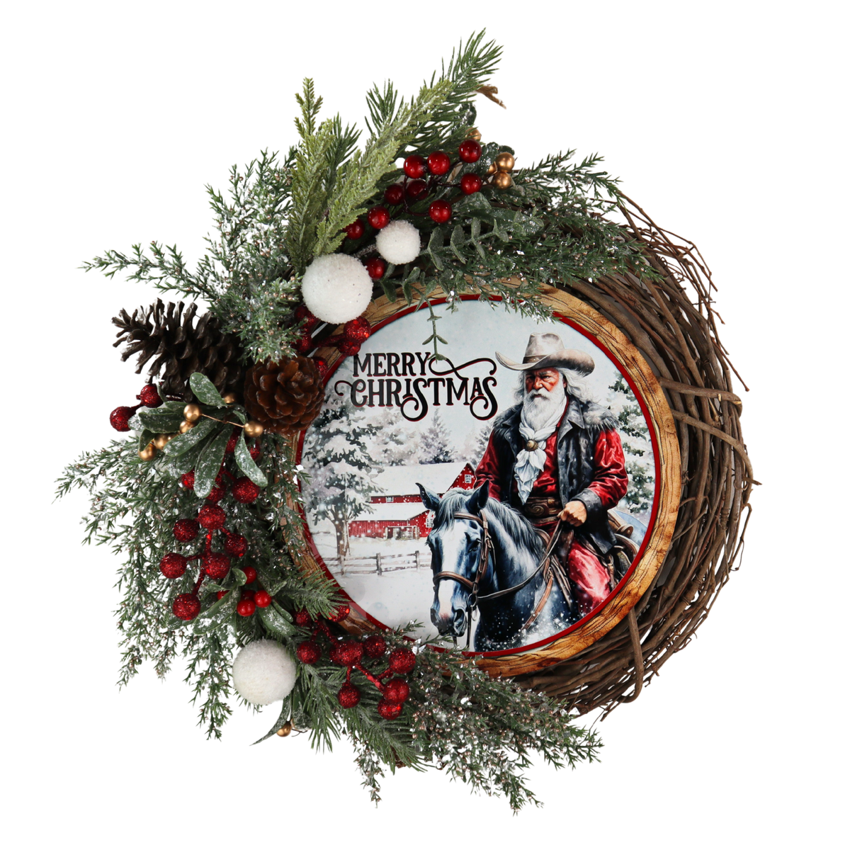 Snowy western Christmas grapevine wreath with cowboy scene and white snowball ornaments