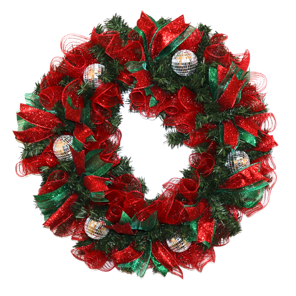 Red and green Christmas disco ball wreath with glitter ribbon and silver mirrored ornaments
