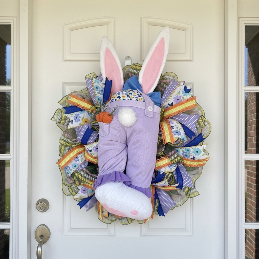 Close-up of the plush bunny legs, fluffy tail, and spring ribbons on a handmade Easter wreath.