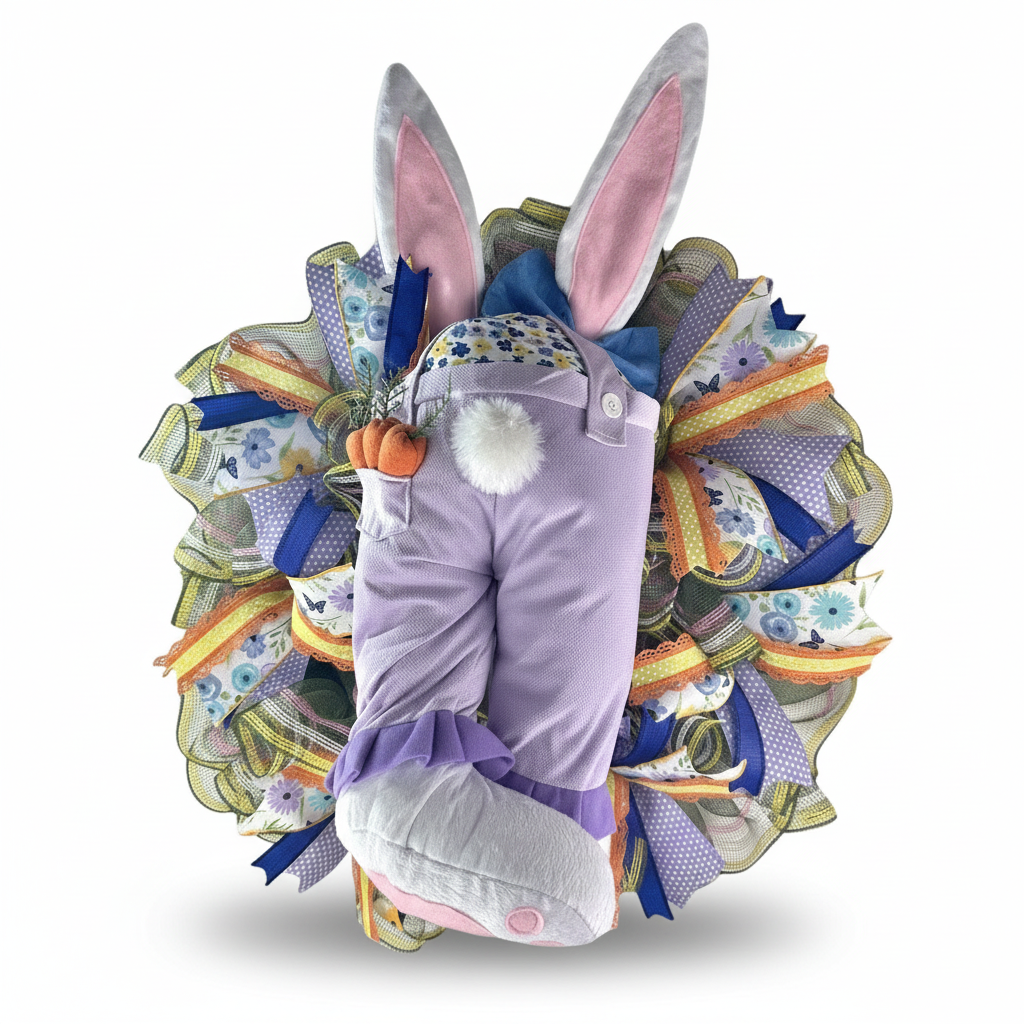 Handmade Bunny Butt Easter mesh wreath with plush bunny legs, colorful spring ribbons, and carrot basket on a white background.