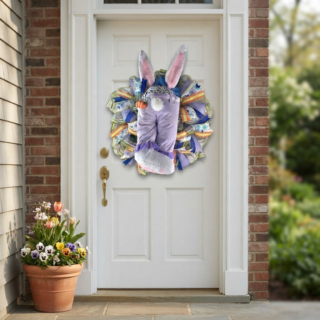Handmade Bunny Butt Easter wreath decorating a front entryway for spring and Easter.