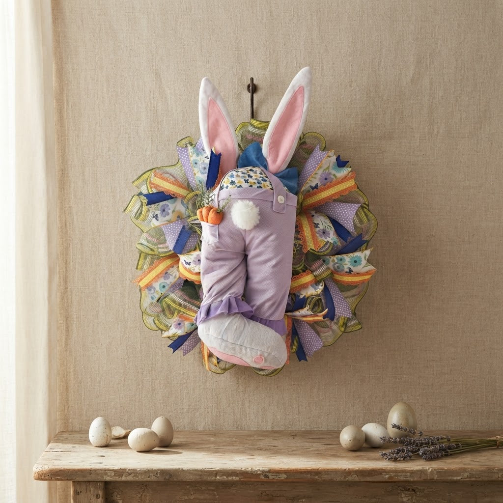 Side view of a handmade Easter mesh wreath showing premium ribbon layers, plush bunny accents, and full wreath depth.