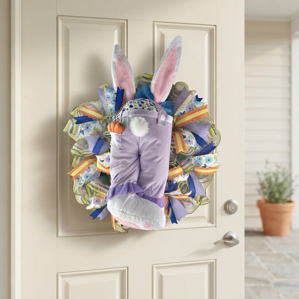 Side view of a handmade Easter mesh wreath showing premium ribbon layers, plush bunny accents, and full wreath depth.