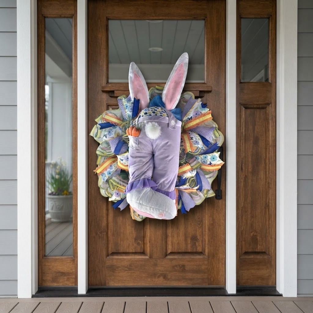 Bunny Butt Easter wreath displayed on a front door, showcasing colorful spring décor and whimsical bunny design.