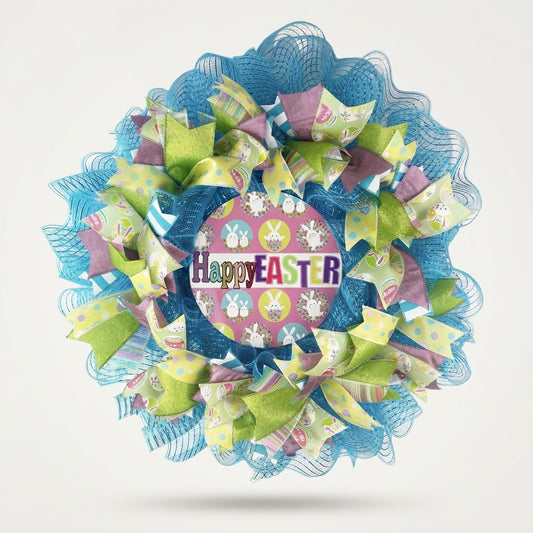 Colorful Happy Easter mesh wreath with blue deco mesh, designer Easter ribbons, and bunny sign on white background