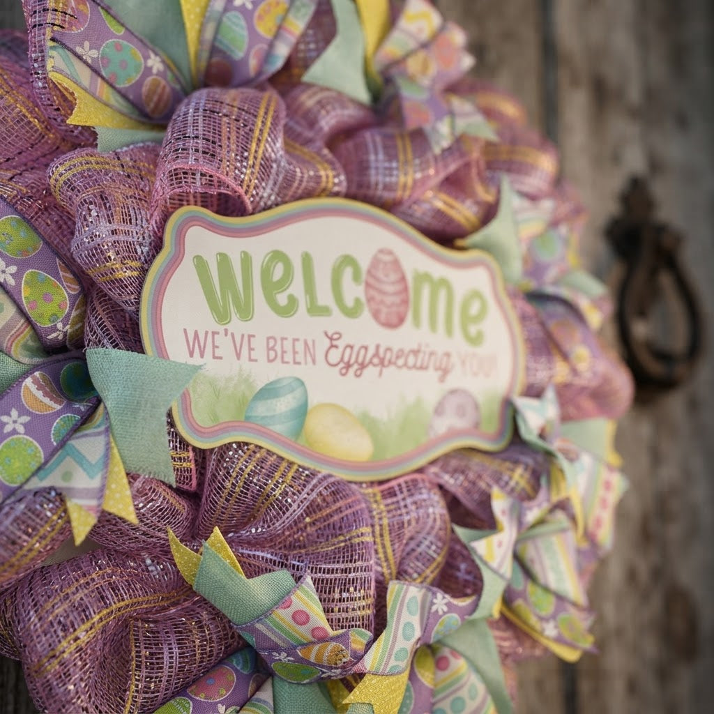 Close-up of the wooden welcome sign, pink mesh, and pastel Easter ribbons on a handmade wreath