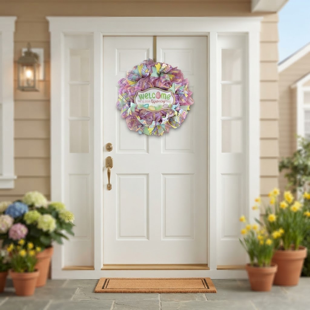 Welcome Easter pastel mesh wreath displayed on a white front door for spring decorating inspiration