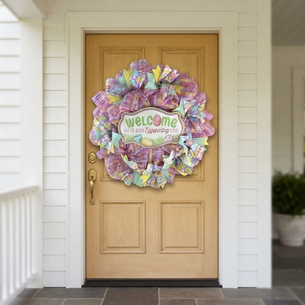 Handmade Easter wreath with pastel ribbons and pink mesh displayed on a natural wood front door