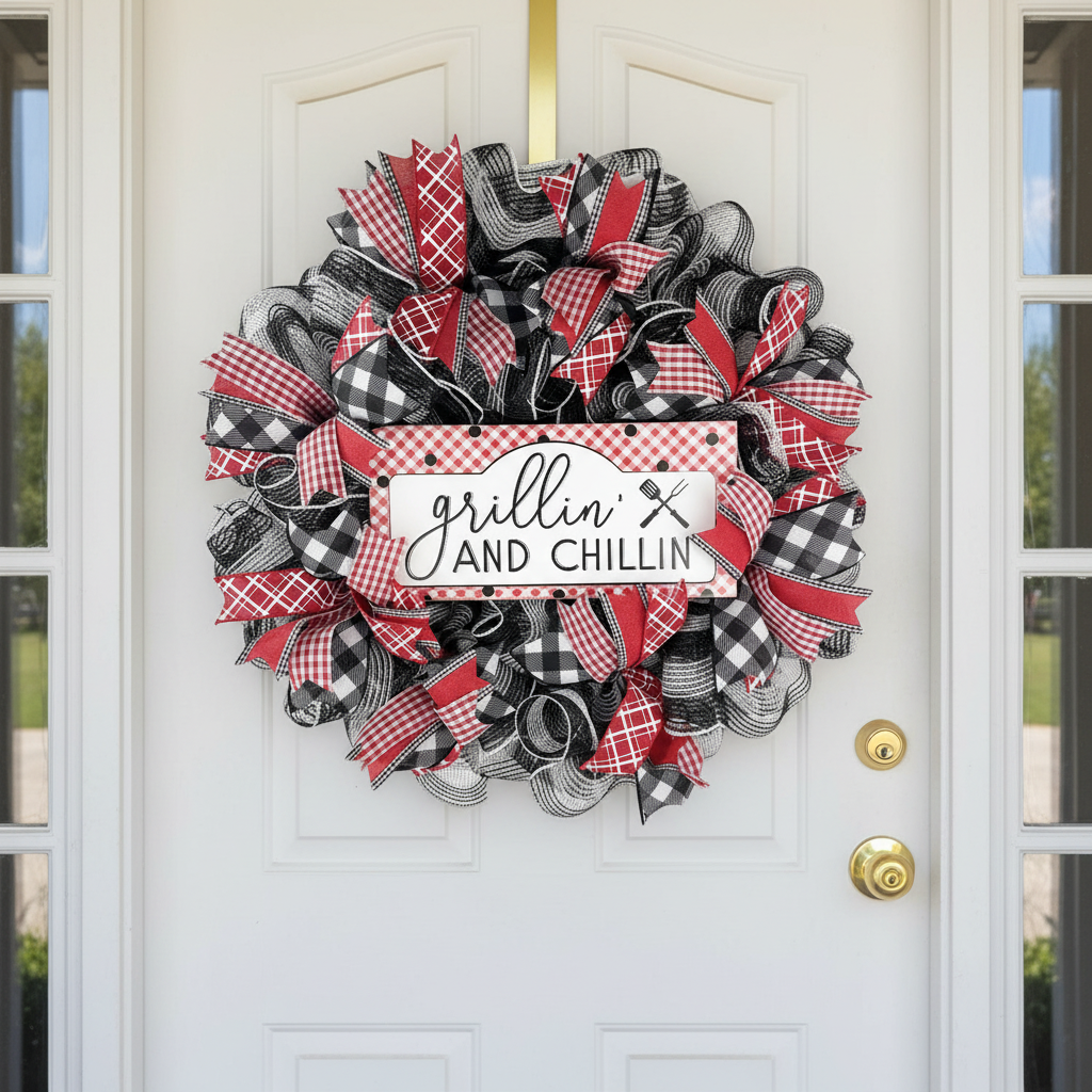 BBQ wreath displayed on a white front door